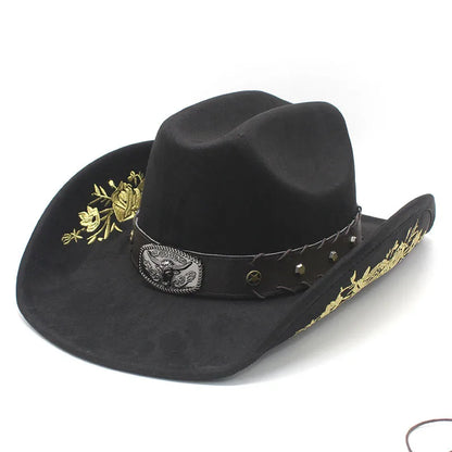 Western Faux Suede Cowboy Hat with Embroidered Flower Jazz Style Belt Fedora Hats Panama Sombrero Caps for Cowgirl And Hombre