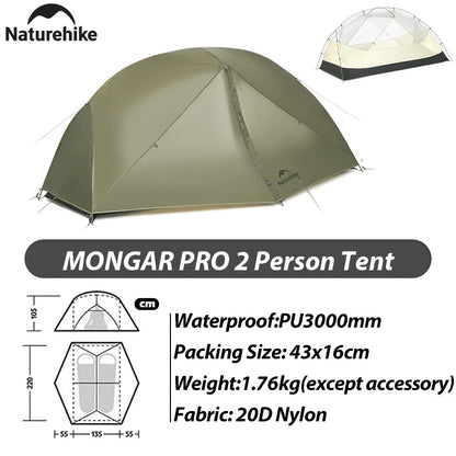 Naturehike Mongar Pro 123 Ultralight Three Season Outdoor Waterproof 20D Nylon Hiking Tent 2 Person Rucksack Camping Riding Tent