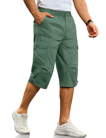 MAGCOMSEN Men's Cotton Twill Cargo Capri Shorts Elastic Waist Multi-Pocket Knee Plus Size Outdoor Hiking Fishing Work Shorts