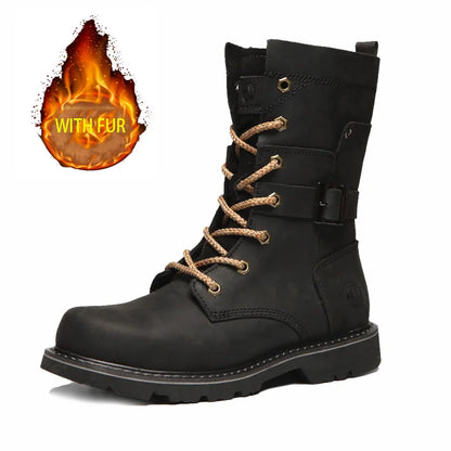 Cow Leather Men Motorcycle Boots high-top trekking Combat Boots Gothic Belt Punk Boots Men Tactical sneaker Cycling hiking Shoes