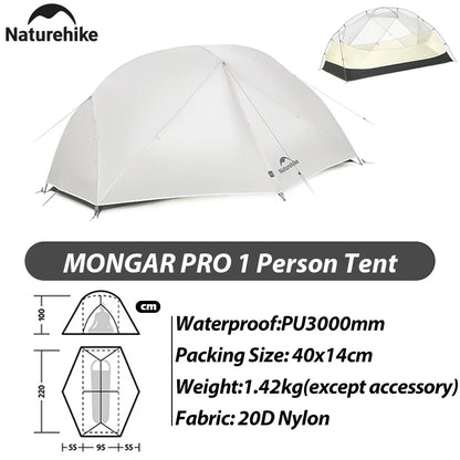 Naturehike Mongar Pro 123 Ultralight Three Season Outdoor Waterproof 20D Nylon Hiking Tent 2 Person Rucksack Camping Riding Tent
