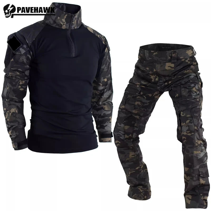 Summer Outdoors Tactical Set Men Thin Quick Drying Combat Training Uniform Camo Patchwork Tops+Multi Pocket Cargo Pants Suit