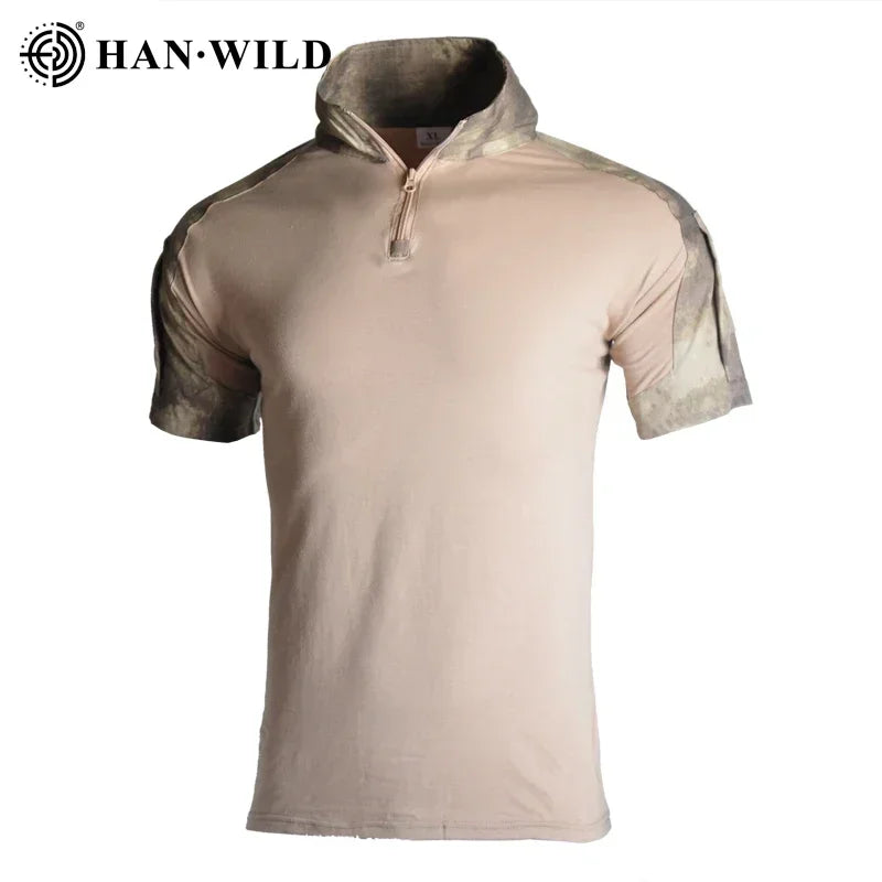 Men's Short Sleeve Softair Tactical Shirt for Men Combat Shirt Zipper Cotton Hiking CP Camoufalge Airsoft T Shirts Climbing Tee