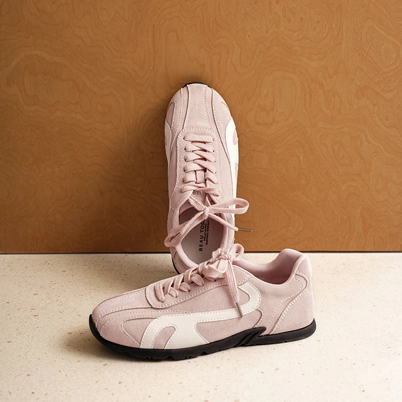 BEAUTODAY Sneakers Women Cow Suede Leather Lace-up Mixed Color Round Toe Trainers Outdoors Ladies Sports Shoes Handmade 29957