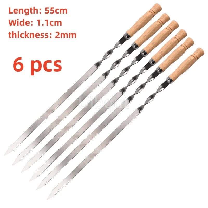 6pcs or 12 pcs BBQ Skewers 55cm big Long Handle Kebab Barbecue Grill Stick Wood BBQ Fork Stainless steel Outdoors Grill Needle