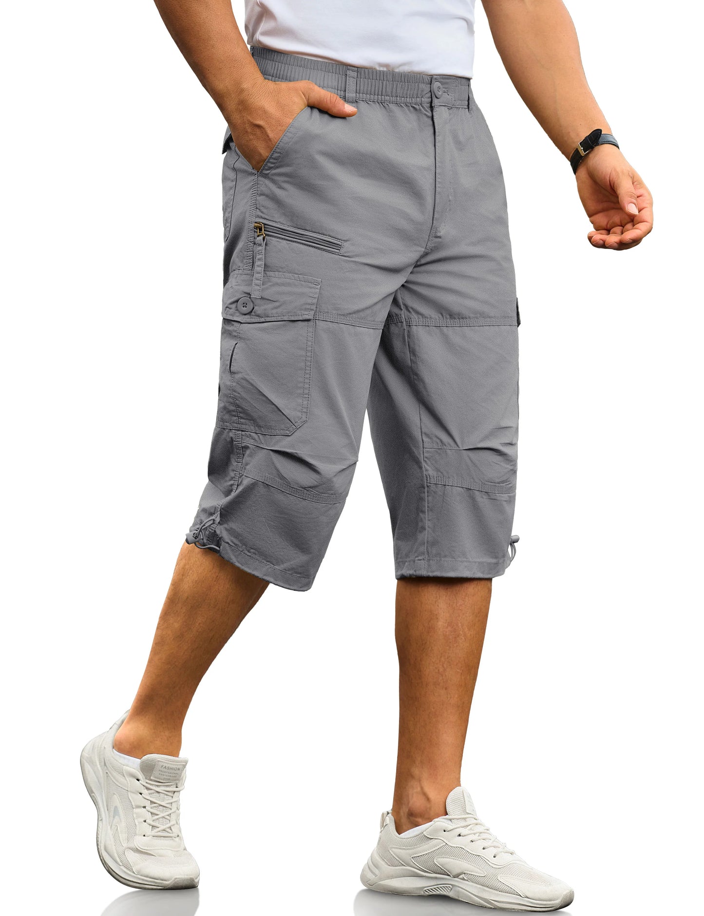 MAGCOMSEN Men's Cotton Twill Cargo Capri Shorts Elastic Waist Multi-Pocket Knee Plus Size Outdoor Hiking Fishing Work Shorts
