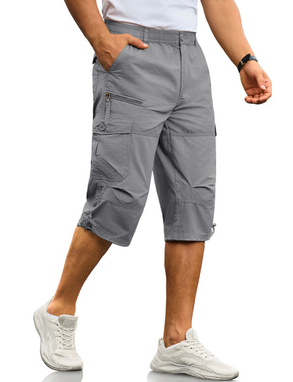 MAGCOMSEN Men's Cotton Twill Cargo Capri Shorts Elastic Waist Multi-Pocket Knee Plus Size Outdoor Hiking Fishing Work Shorts