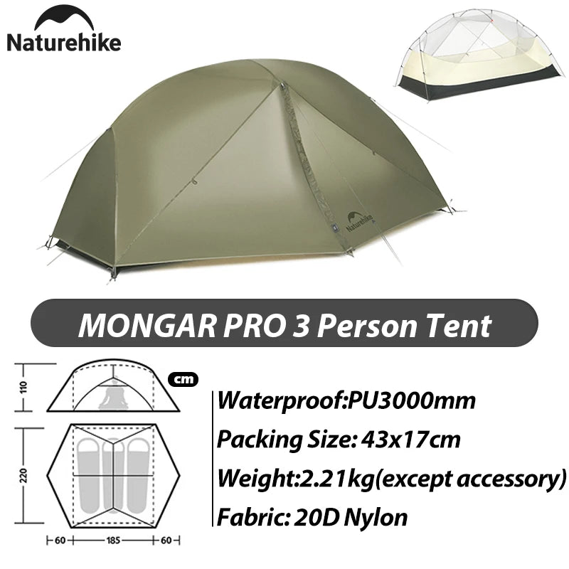 Naturehike Mongar Pro 123 Ultralight Three Season Outdoor Waterproof 20D Nylon Hiking Tent 2 Person Rucksack Camping Riding Tent
