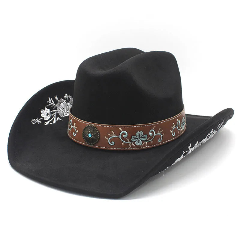 Western Faux Suede Cowboy Hat with Embroidered Flower Jazz Style Belt Fedora Hats Panama Sombrero Caps for Cowgirl And Hombre