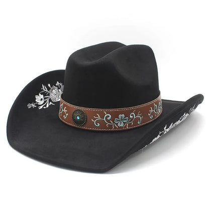 Western Faux Suede Cowboy Hat with Embroidered Flower Jazz Style Belt Fedora Hats Panama Sombrero Caps for Cowgirl And Hombre