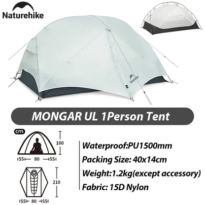 Naturehike Mongar Pro 123 Ultralight Three Season Outdoor Waterproof 20D Nylon Hiking Tent 2 Person Rucksack Camping Riding Tent