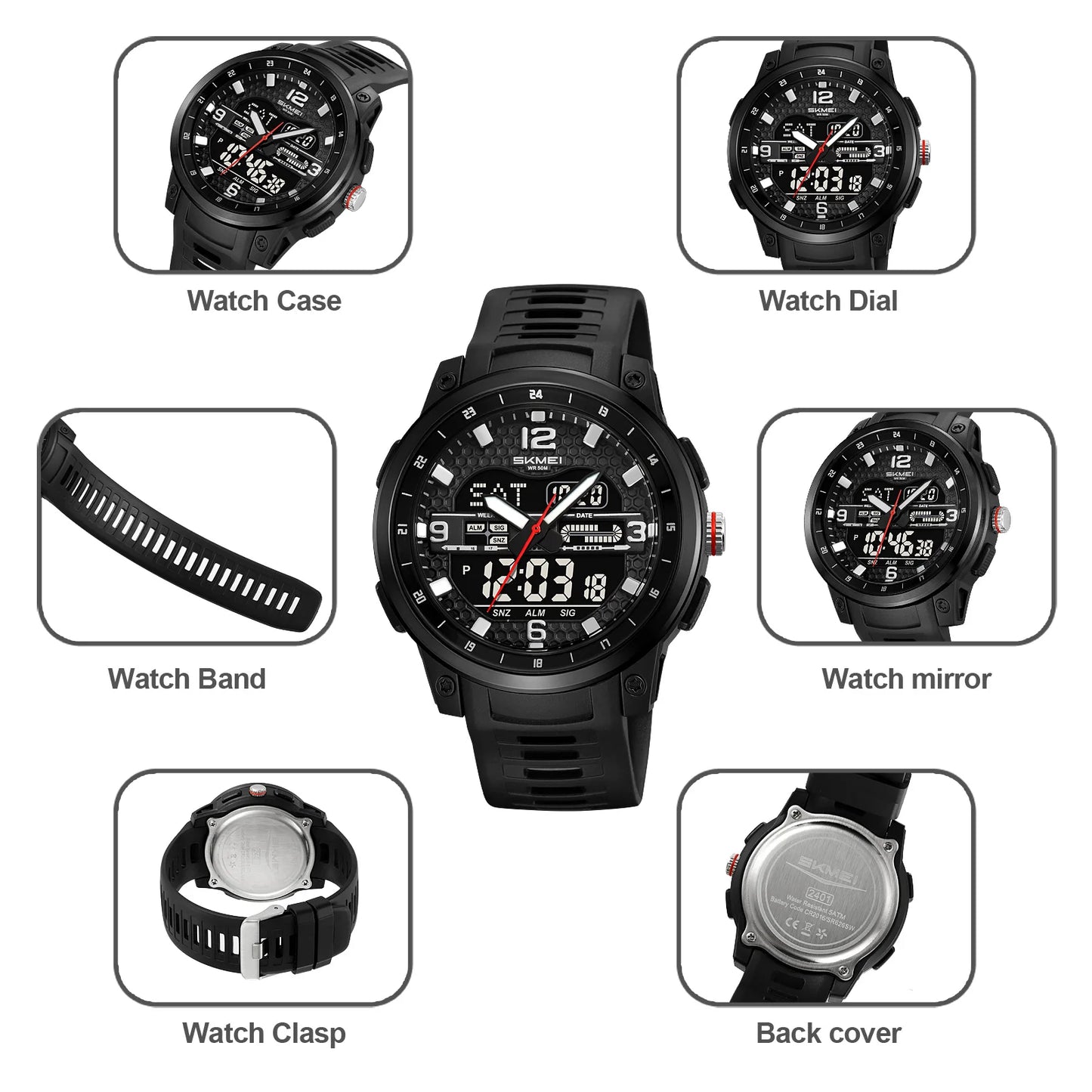 SKMEI Large dial Sport Watches Quartz Digital Display Outdoors Waterproof with Calendar Analog Three Time Zone Alarm Clock 2401