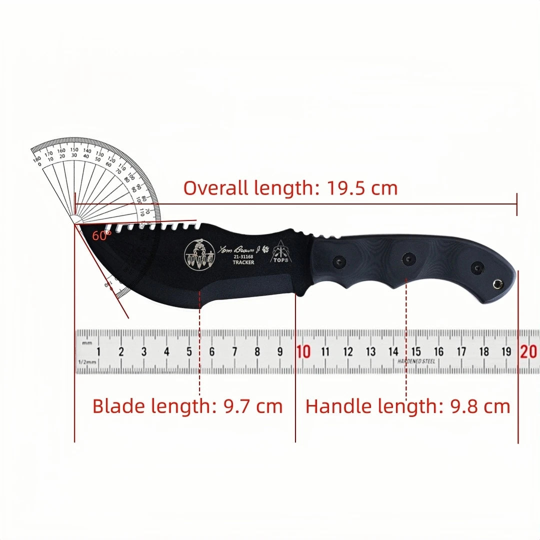 TOPS Tracker - Jungle Rescue Knife for the Outdoors, 1095 high-carbon steel, Micta handle, camping emergency knife