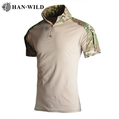 Men's Short Sleeve Softair Tactical Shirt for Men Combat Shirt Zipper Cotton Hiking CP Camoufalge Airsoft T Shirts Climbing Tee
