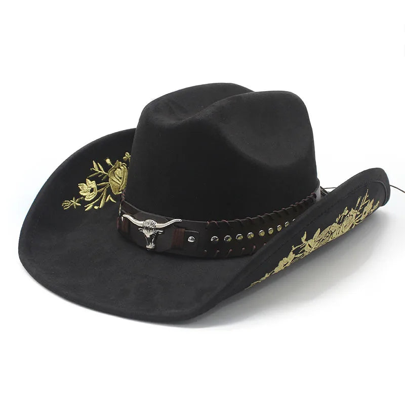 Western Faux Suede Cowboy Hat with Embroidered Flower Jazz Style Belt Fedora Hats Panama Sombrero Caps for Cowgirl And Hombre