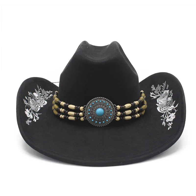 Western Faux Suede Cowboy Hat with Embroidered Flower Jazz Style Belt Fedora Hats Panama Sombrero Caps for Cowgirl And Hombre