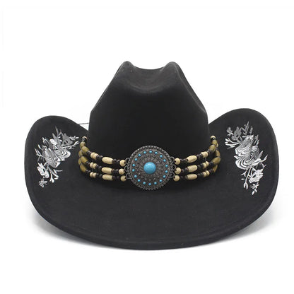 Western Faux Suede Cowboy Hat with Embroidered Flower Jazz Style Belt Fedora Hats Panama Sombrero Caps for Cowgirl And Hombre
