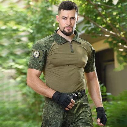 Men's Short Sleeve Softair Tactical Shirt for Men Combat Shirt Zipper Cotton Hiking CP Camoufalge Airsoft T Shirts Climbing Tee