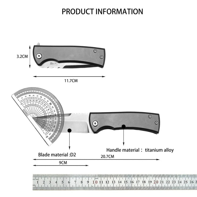 Multi-functional Folding Knife D2 Steel Blade Titanium Alloy Handle Ergonomic Handle Outdoor Camping Hiking EDC Cutting Purposes