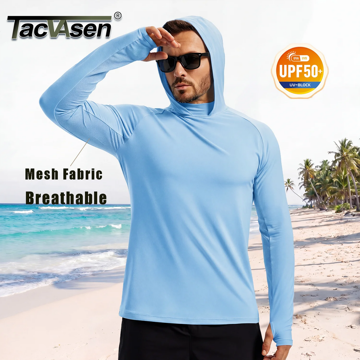 TACVASEN Men's UPF 50+ Hoodie Fishing Shirts Long Sleeve High Collar Mesh UV Sun Protection Rash Guard Swim Beach Running Hiking