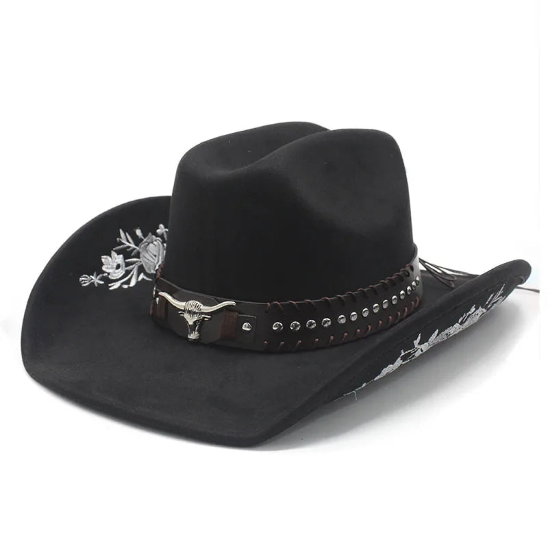 Western Faux Suede Cowboy Hat with Embroidered Flower Jazz Style Belt Fedora Hats Panama Sombrero Caps for Cowgirl And Hombre