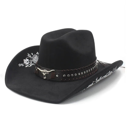 Western Faux Suede Cowboy Hat with Embroidered Flower Jazz Style Belt Fedora Hats Panama Sombrero Caps for Cowgirl And Hombre