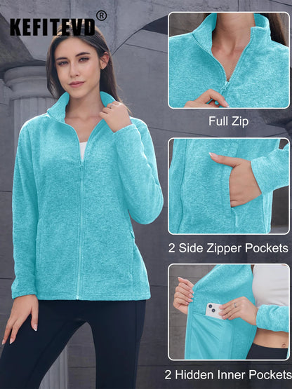 KEFITEVD Women Winter Full Zip Fleece Jacket Thermal Lightweight Coat Ladies Warm Camping Hiking Climbing Casual Top Windbreaker