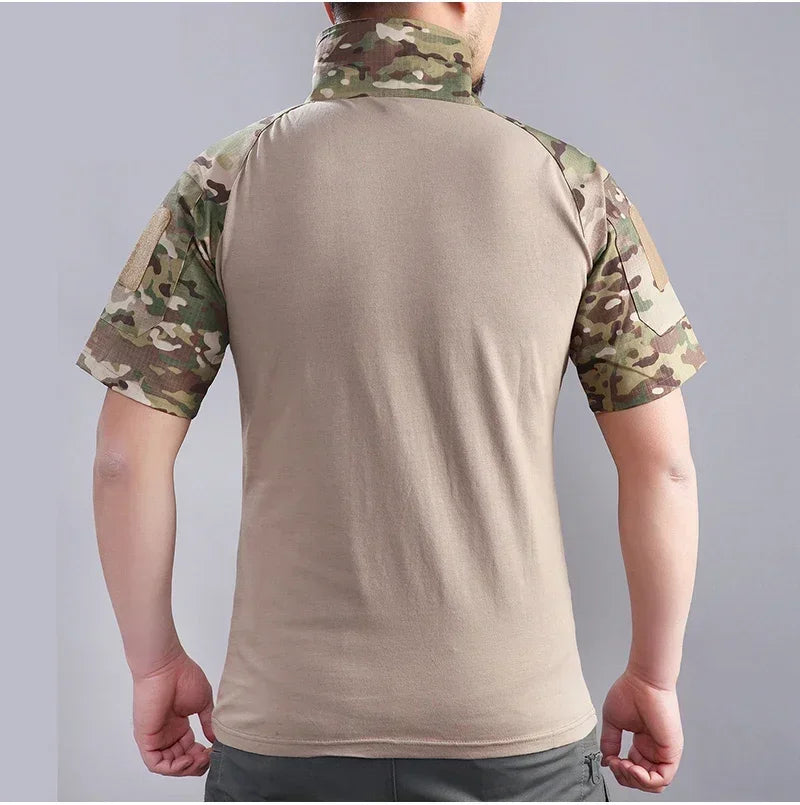 Men's Short Sleeve Softair Tactical Shirt for Men Combat Shirt Zipper Cotton Hiking CP Camoufalge Airsoft T Shirts Climbing Tee