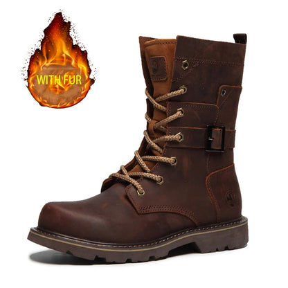 Cow Leather Men Motorcycle Boots high-top trekking Combat Boots Gothic Belt Punk Boots Men Tactical sneaker Cycling hiking Shoes