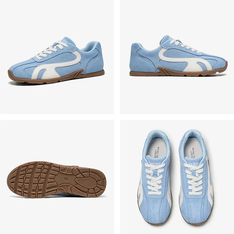 BEAUTODAY Casual Sneakers Women Cow Suede Leather Mixed Color Round Toe Outdoors Trainers Lace-Up Ladies Shoes Handmade 29957