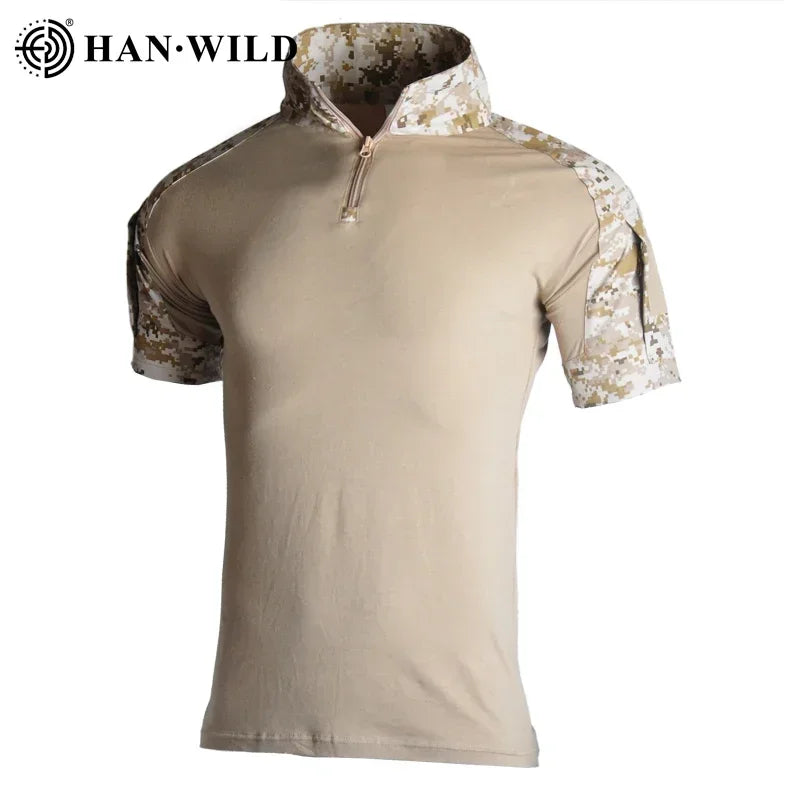 Men's Short Sleeve Softair Tactical Shirt for Men Combat Shirt Zipper Cotton Hiking CP Camoufalge Airsoft T Shirts Climbing Tee