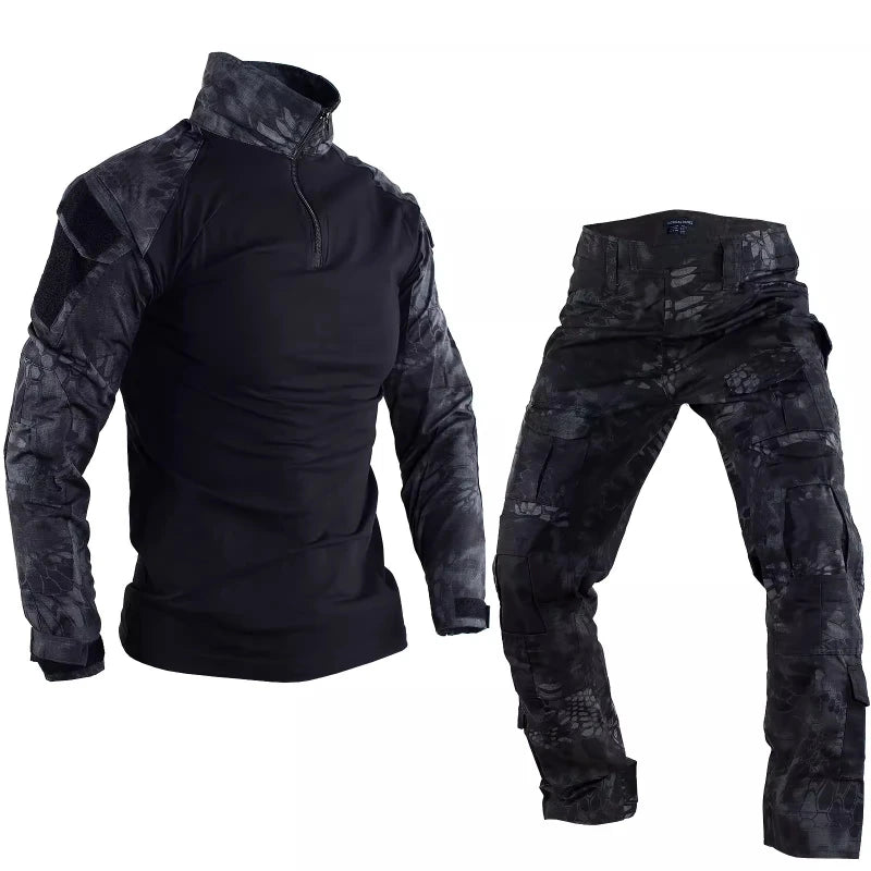 Summer Outdoors Tactical Set Men Thin Quick Drying Combat Training Uniform Camo Patchwork Tops+Multi Pocket Cargo Pants Suit