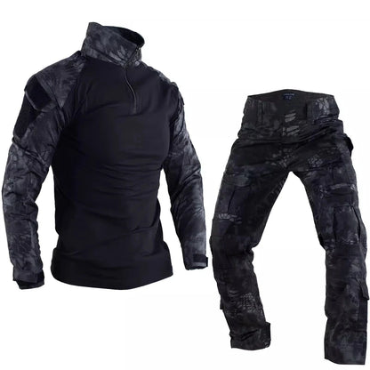 Summer Outdoors Tactical Set Men Thin Quick Drying Combat Training Uniform Camo Patchwork Tops+Multi Pocket Cargo Pants Suit