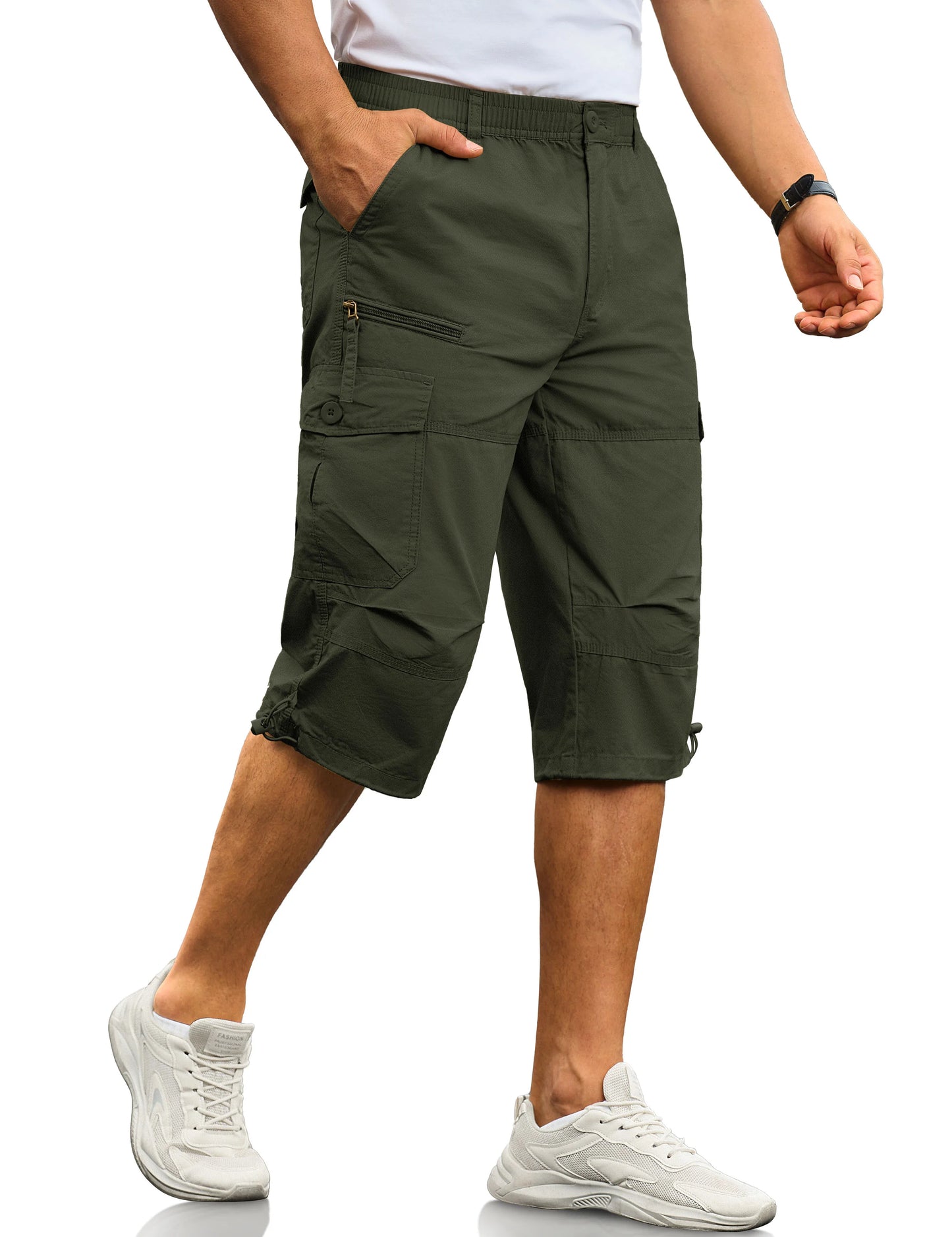 MAGCOMSEN Men's Cotton Twill Cargo Capri Shorts Elastic Waist Multi-Pocket Knee Plus Size Outdoor Hiking Fishing Work Shorts