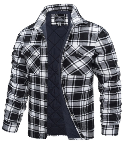 TACVASEN Winter Plaid Cotton Jackets Mens Long Sleeve Quilted Lined Flannel Shirt Jacket Multi-Pockets Outwear Hiking Coats Tops