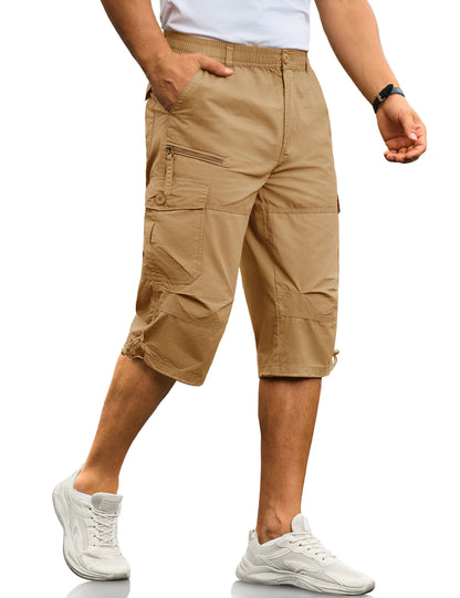 MAGCOMSEN Men's Cotton Twill Cargo Capri Shorts Elastic Waist Multi-Pocket Knee Plus Size Outdoor Hiking Fishing Work Shorts