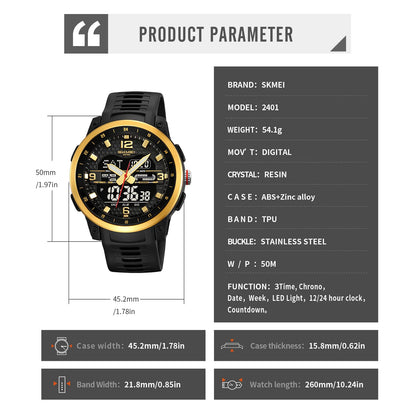 SKMEI Large dial Sport Watches Quartz Digital Display Outdoors Waterproof with Calendar Analog Three Time Zone Alarm Clock 2401
