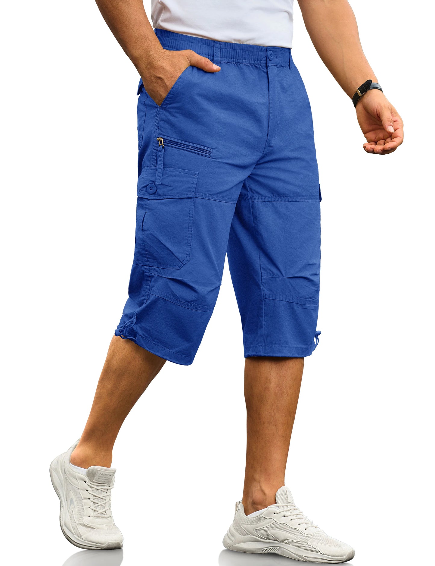 MAGCOMSEN Men's Cotton Twill Cargo Capri Shorts Elastic Waist Multi-Pocket Knee Plus Size Outdoor Hiking Fishing Work Shorts