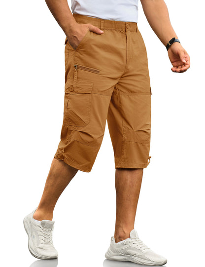 MAGCOMSEN Men's Cotton Twill Cargo Capri Shorts Elastic Waist Multi-Pocket Knee Plus Size Outdoor Hiking Fishing Work Shorts