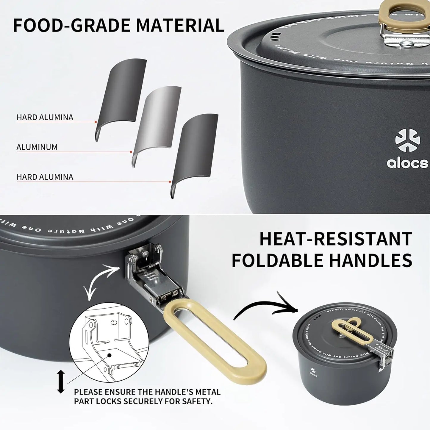 ALOCS Portable Camping Pot Set Mess Kit Cookware Fry Pan Water Kettle for Outdoor Hiking Picnic Backpacking CW-C06PRO