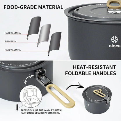 ALOCS Portable Camping Pot Set Mess Kit Cookware Fry Pan Water Kettle for Outdoor Hiking Picnic Backpacking CW-C06PRO