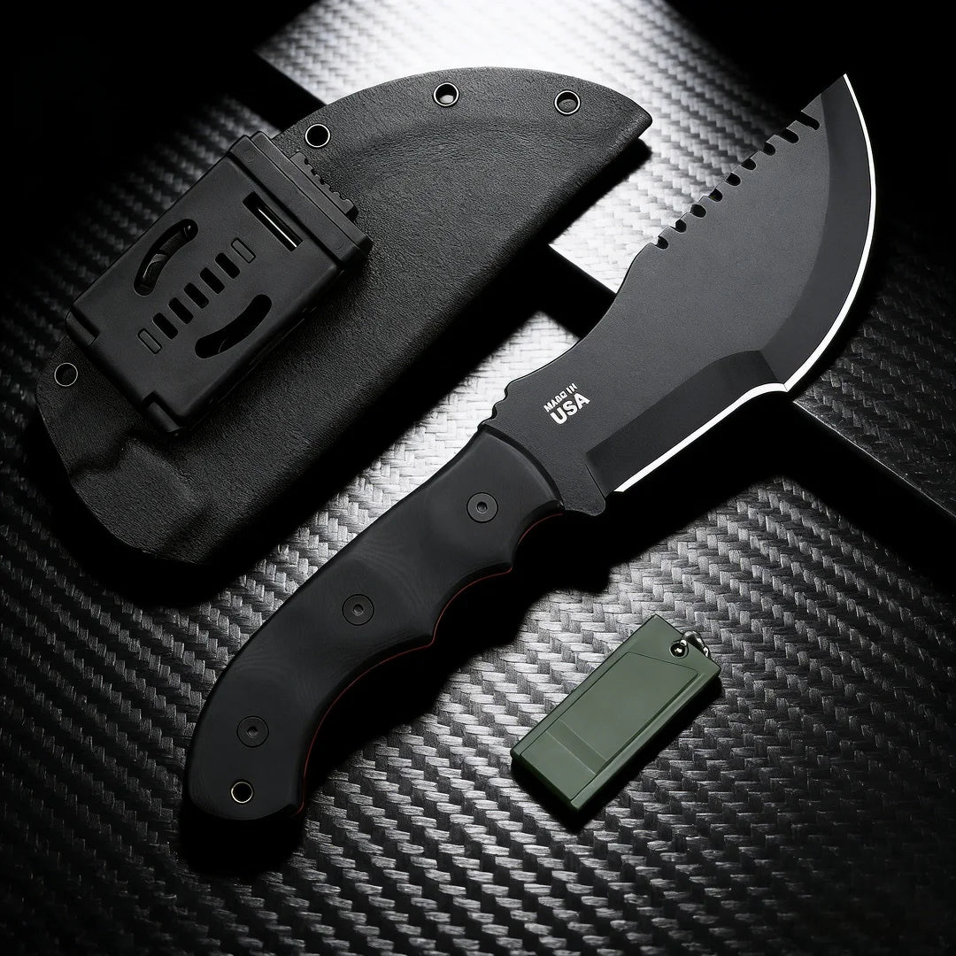 TOPS Tracker - Jungle Rescue Knife for the Outdoors, 1095 high-carbon steel, Micta handle, camping emergency knife