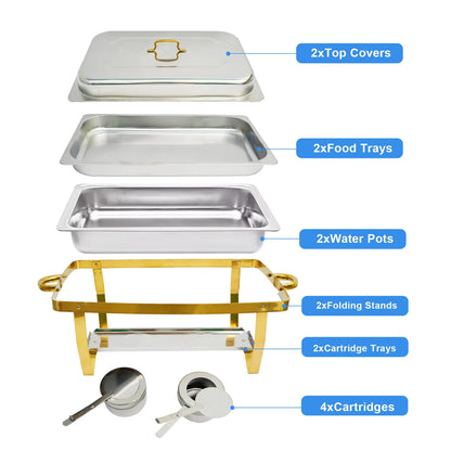 2/4Pack Chafing Dish Set Stainless Steel 316 Gold Rectangular Buffet Warmer for Hotel Catering Parties Weddings Outdoors