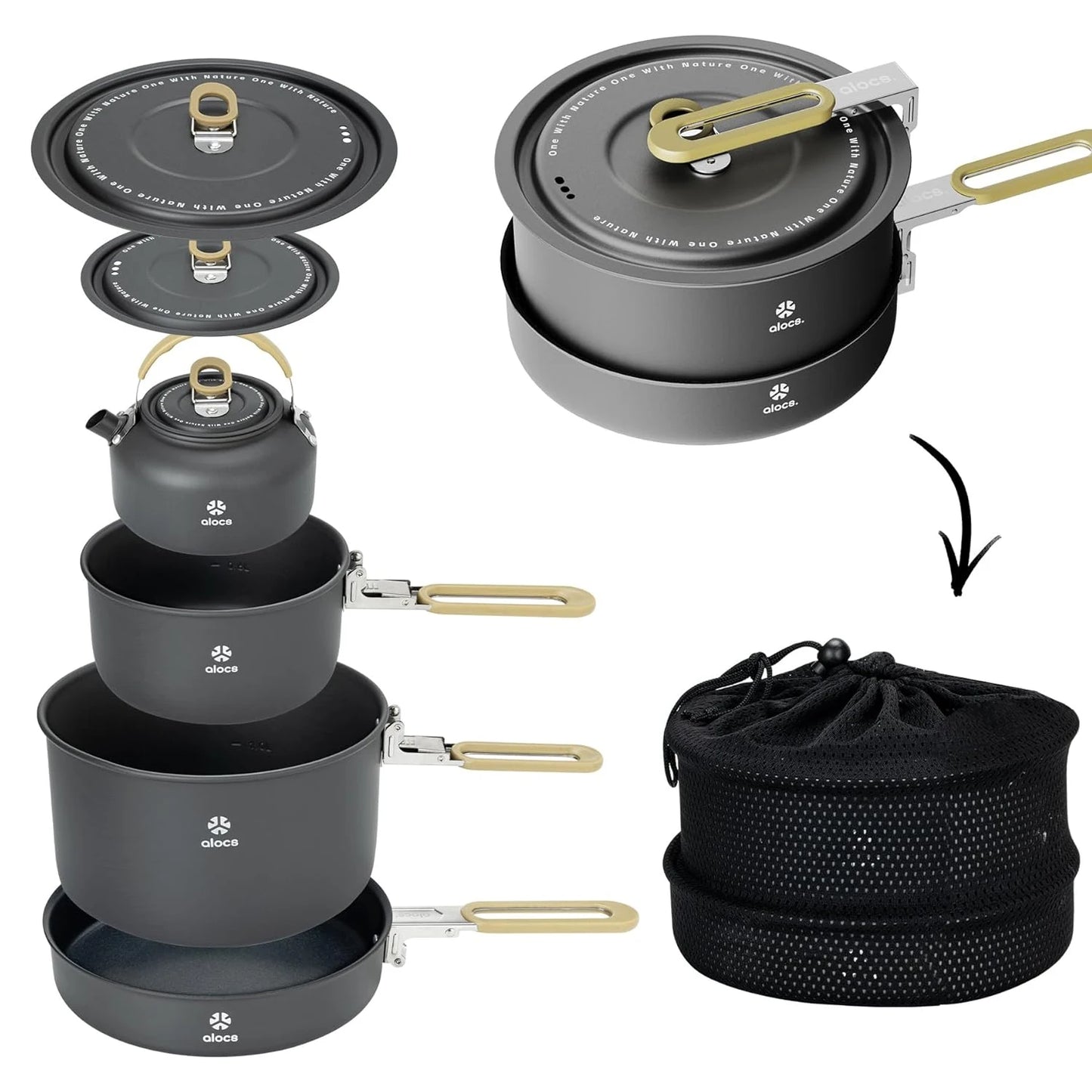 ALOCS Portable Camping Pot Set Mess Kit Cookware Fry Pan Water Kettle for Outdoor Hiking Picnic Backpacking CW-C06PRO