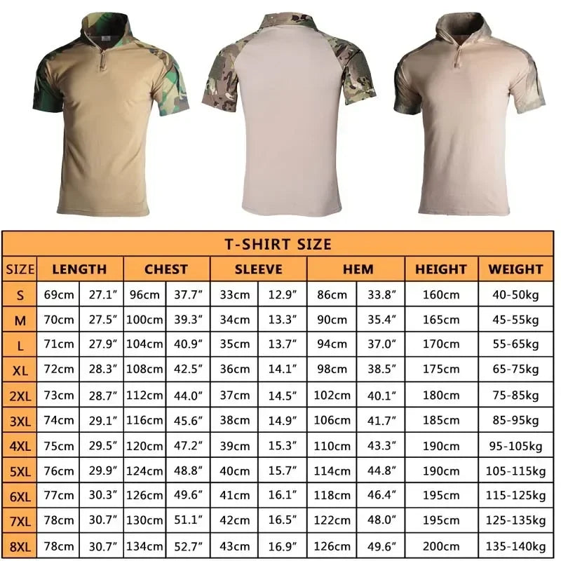 Men's Short Sleeve Softair Tactical Shirt for Men Combat Shirt Zipper Cotton Hiking CP Camoufalge Airsoft T Shirts Climbing Tee