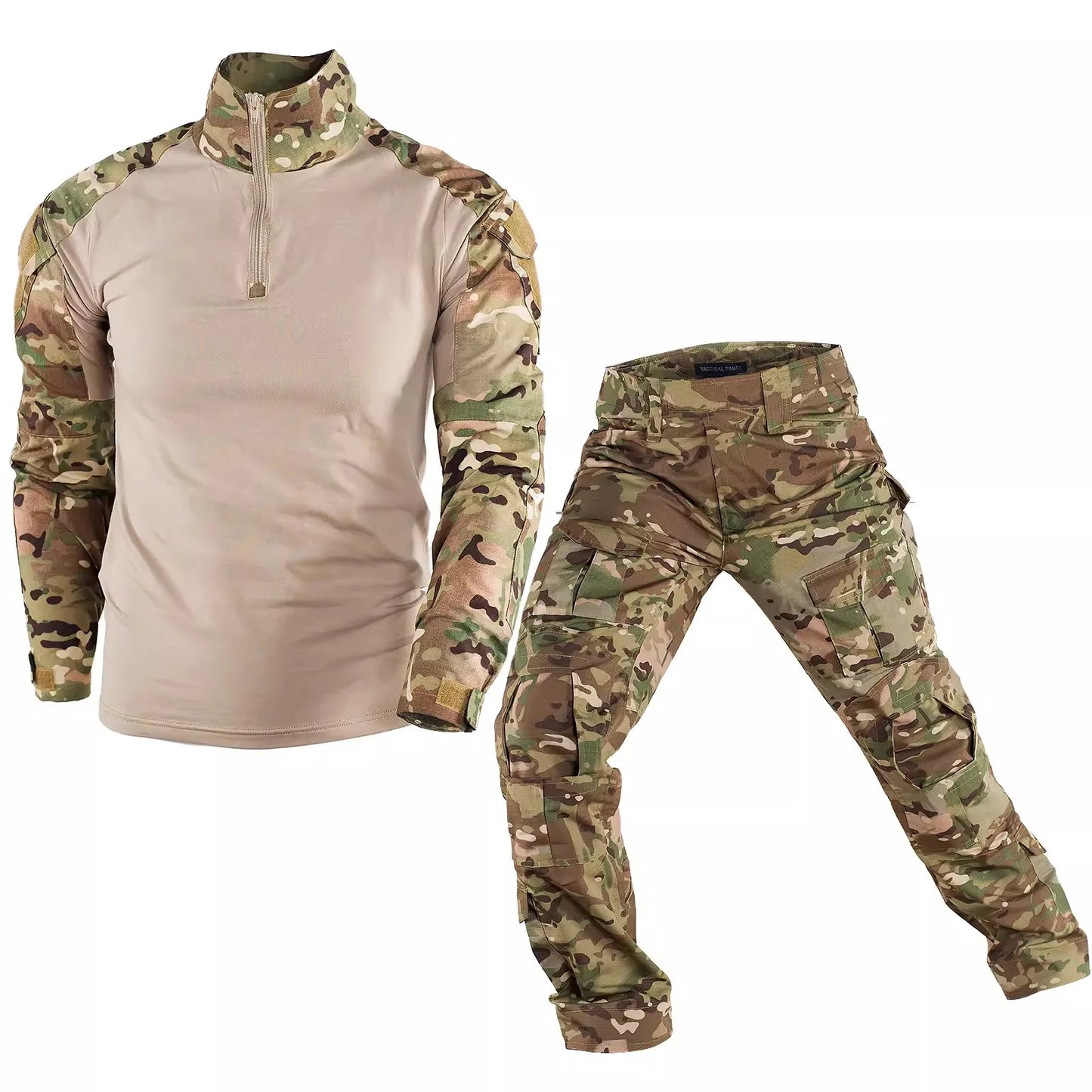 Summer Outdoors Tactical Set Men Thin Quick Drying Combat Training Uniform Camo Patchwork Tops+Multi Pocket Cargo Pants Suit