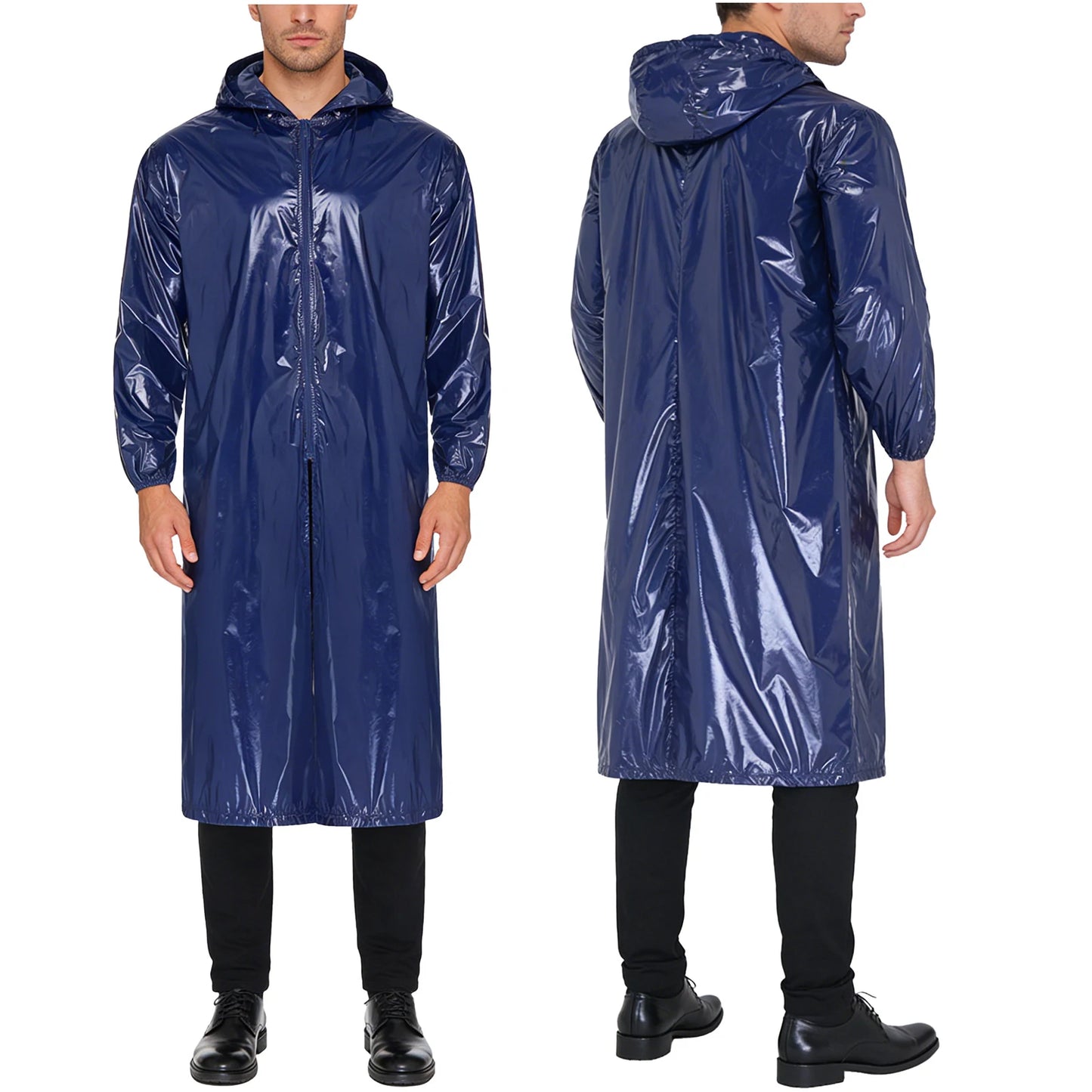 Mens Waterproof Hooded Long Jacket Tops Long Sleeve Front Zipper Lightweight Raincoat Workwear Poncho for Hiking Rainy Day Work