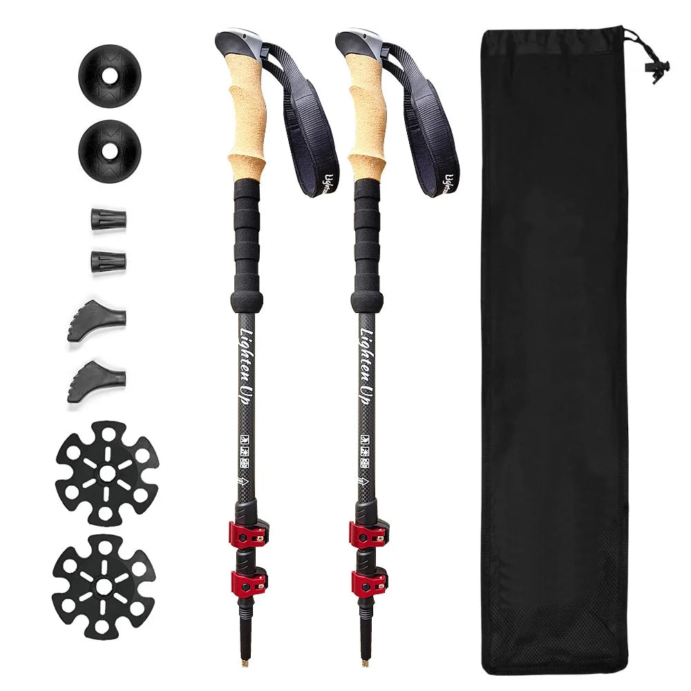 Lighten Up 1/2 Pcs Carbon Fiber Trekking Poles Collapsible Telescopic Walking Sticks with Cork Handle Ultralight Hiking