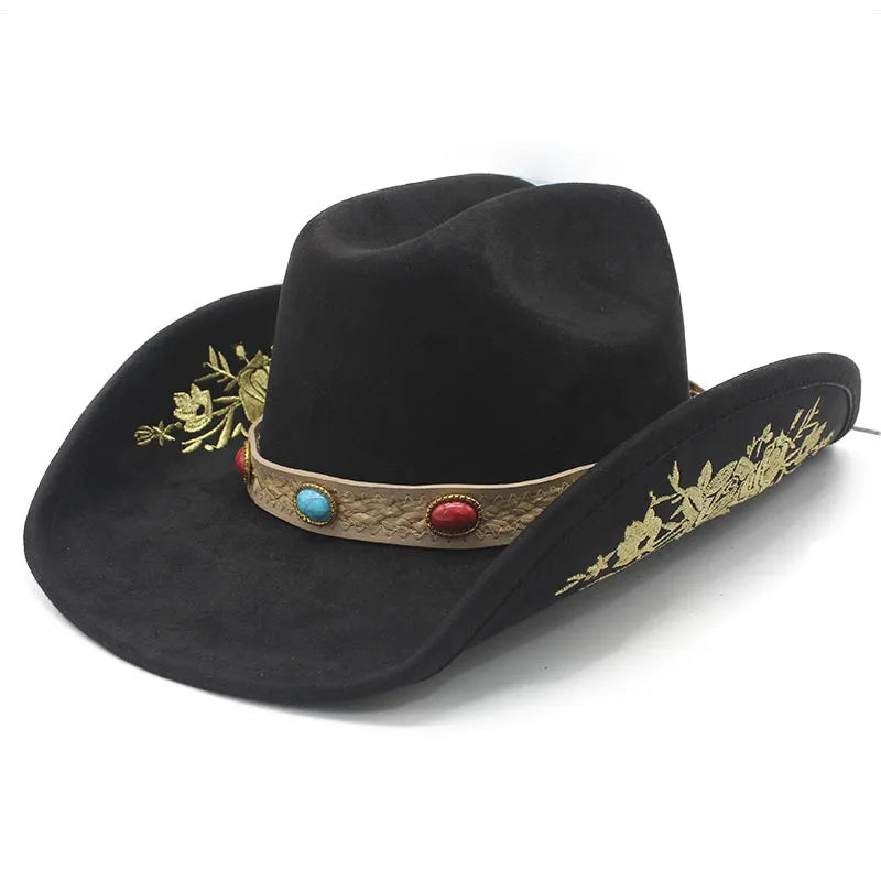 Western Faux Suede Cowboy Hat with Embroidered Flower Jazz Style Belt Fedora Hats Panama Sombrero Caps for Cowgirl And Hombre