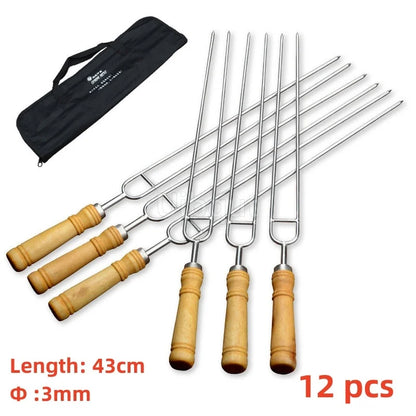6pcs or 12 pcs BBQ Skewers 55cm big Long Handle Kebab Barbecue Grill Stick Wood BBQ Fork Stainless steel Outdoors Grill Needle